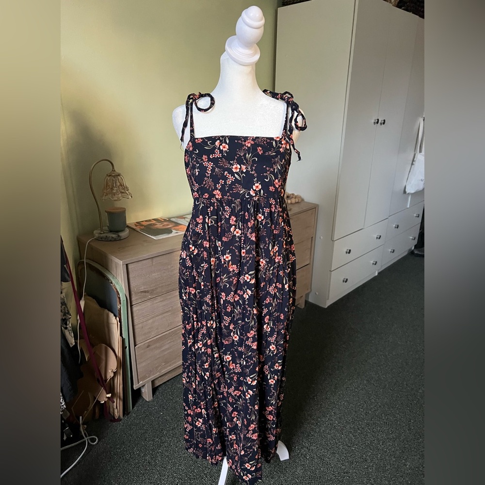 Navy Floral Print Midi Swing Tie Shoulder Square Neck Casual Flowy Summer Dress - Picture 13 of 16